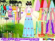 Screenshot of the Chinese Princess Dress Up game showing a model in a beautifully designed red Hanfu gown and a traditional headpiece.