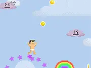 Screenshot of the Dave's Cloud Bounce game showing the character Dave jumping off white clouds and colorful rainbows high in the blue sky.