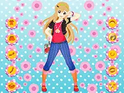 Screenshot of the K-On Inspired dress up game showing an anime girl character with a guitar in a stylized school uniform.