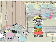 Screenshot of Hobo Dress Up showing the character Hobo wearing a funny, mismatched outfit, free online unconventional fashion game