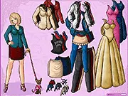 Fashion game screenshot of a stylish girl wearing a casual, trendy outfit while walking her dog, free online dress-up game