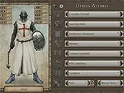 DressArmor Dressup game screenshot showing a fantasy warrior in full custom armor holding a large sword.