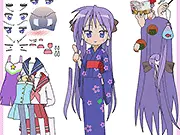 Lucky Star Dressup game showing Konata Izumi standing ready to be styled, surrounded by various clothing and accessory options. Free anime fashion game.