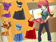 Character wearing a funny, colorful outfit made of burger and french fry-themed clothes in the free online Fast Food Dress Up game