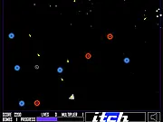 Vector Wars video game screen showing a small triangle ship shooting lasers at futuristic, glowing vector enemies.