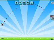 Gameplay screenshot of Football Shoot Out showing a cartoon football being thrown in the air toward a hanging basket against a bright outdoor background.
