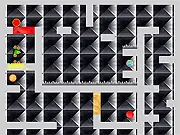 Screenshot of Super Maze Challenge online game showing a rolling ball balancing on narrow platforms within a complex, futuristic maze structure