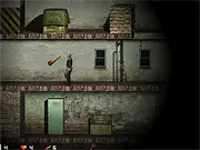 Gameplay screenshot of Secret Agent Cliff: Enigma Mission 1940 showing the hero, Agent Cliff, a 2D sprite of a man in a trench coat, jumping across a gap while avoiding a German soldier in a World War 2 setting.