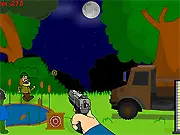 Screenshot of Gnomotron, an action shooter game, showing the player character engaged in combat with multiple enemy units on a level, with muzzle flashes and explosions visible.