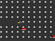 Screenshot of the Eat Balls online arcade game showing a small yellow character moving through a blue maze, eating dots and avoiding colorful ghost-like enemies.