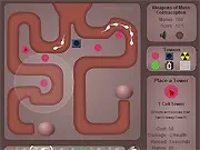 Screenshot of Weapons of Mass Contraception TD showing a stylized biological environment, with defensive towers placed along a path to stop small, sperm-like enemy units from reaching a central egg target.