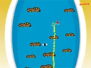 Screenshot of Poop Shoot game showing a stream of liquid hitting log targets and small flys against a basic, humorous background