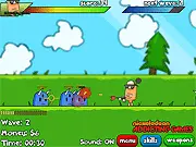 Toe Nail Wheel 2 free online shooter game showing the player character shooting at multiple incoming enemies near a brain on a pole