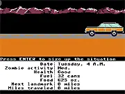 Screenshot of Organ Trail online game showing the pixelated station wagon traveling on the road during a zombie apocalypse; retro zombie survival strategy game