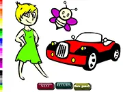 Screenshot of Kids Cartoon Coloring Book online game showing an uncolored drawing of a cartoon car next to a color palette