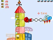 A powerful wrecking ball or projectile hitting a building, causing it to collapse dramatically in the free online demolition game The Knocker
