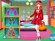 Screenshot of the Cute Girl Coming From School dress up game showing a young lady standing next to a selection menu of uniforms, bags, and accessories.