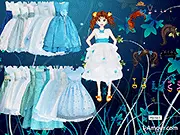Screenshot of the Blue Angel Flower Girl Dresses game, showing an adorable girl doll in an elegant blue gown with accessories. Play the free online fashion game.