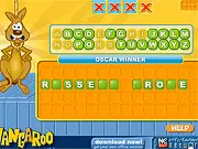 Screenshot from the Hangaroo word puzzle game showing a hidden phrase with blank spaces and a cartoon kangaroo character