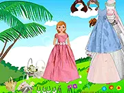 Screenshot of the Flower Girl Dresses game, showing a small girl doll in a white dress being styled with various floral headpieces and accessories for a wedding. Play the free online dress-up game.