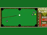 Screenshot of the Undead Billiards game table, showing a cue ball surrounded by ticking bomb-balls that must be potted within a short time limit. Play the free online pool game.