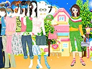 Screenshot of Color Village Dressup game showing the character dressed in a vibrant, multi-colored outfit, set against a colorful fantasy village background