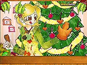 Screenshot of Xmas Cookie Dressup game showing a decorated gingerbread cookie character with Christmas accessories and ornaments