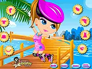 Free online dress up game: Roller Girl, showing a character ready for roller skating in a sporty and fashionable outfit.