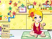Baby Play With Toys free online game screen showing an adorable baby in a colorful nursery playing with a variety of toys, including a teddy bear and blocks.