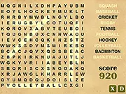 Screenshot of the Wordcross 7 word search grid, showing hidden sports-related words being highlighted. Play the free online word puzzle game.