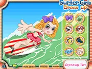 Free online dress up game: Surfer Girl Dress Up, showing a fashionable girl with a surfboard in beach attire.