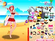 The main scene of the Beach Volleyball Girl free dress-up game, featuring a character ready to play in a sporty bikini and shorts on a sunny beach with a volleyball net.