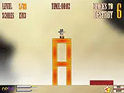 Screenshot of the Cowbox game showing a cowboy figure balanced precariously on a stack of colored blocks, ready to be shot out