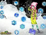 Screenshot of Snow Cleanup Dress Up online game showing a girl in a fashionable winter coat and hat holding a shovel in a snowy yard.