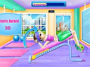 Screenshot from Nerdy Girl Transformation game showing the girl exercising in the gym with weights, followed by a spa treatment and a fashionable final look.