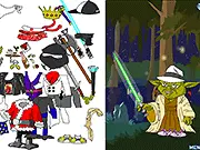 Screenshot of the Dressup Yoda game showing the Jedi Master wearing a funny, non-traditional outfit, with several clothing options around him
