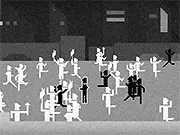 Gray experimental mini game online screenshot, character talking to a protester in a minimalist gray environment on PlayArcadeHub