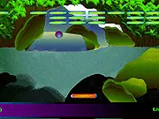 Rhyjak King Of The Rainforest free online game screenshot showing a paddle bouncing a ball to break colored bricks and blocks in a jungle setting