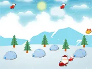 Free online game thumbnail for Santa Santa showing a cartoon Santa Claus on a snowy rooftop catching red and green falling Christmas gifts.