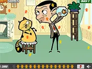 The main screen for the free online hidden object game Mr. Bean Find Teddy Bears, showing Mr. Bean searching through a cluttered room with several small teddy bears faintly visible.
