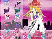 Screenshot of the Hip Hop Angel dress-up game featuring a character styled in urban chic street fashion, including baggy pants and a gold chain, set against a vibrant city background.