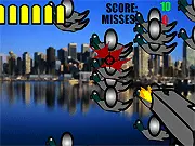 Play Old School Pigeon Slaughter free arcade shooting game - a player aiming a gun sight at flying pixelated pigeons