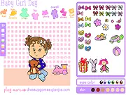 Baby Day Dressup free online game screenshot featuring an adorable baby character being styled with cute clothes, a pacifier, and a toy.