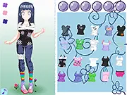 Naruto Hanata Dressup game screen, Hinata Hyuga standing in a ninja village background, surrounded by various clothes, hair, and accessories for dressing her up.