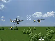 Fighter jet shooting at an enemy plane while dodging incoming missiles in the Strike Eagle online arcade game