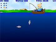 Screenshot of Master Fisher game showing a fishing rod descending into the water to catch fish of different values, with a timer and money goal visible. Play the free Master Fisher online game.