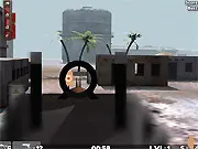 Camper Wars - Desert Ops free online game screenshot showing a first-person sniper view targeting moving bullseyes in a desert environment