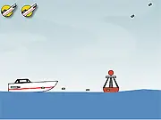Screenshot of the GunBoat! game showing a top-down view of a player's gunboat shooting at enemy vessels in the ocean. Play the free online naval combat game.
