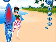 Screenshot of the Beach Summer Dressup online game showing a character wearing a stylish bikini and summer accessories on a beach background.