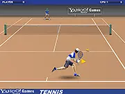 Tennis Flash online game screenshot showing two tennis players on a bright green court during a competitive match.